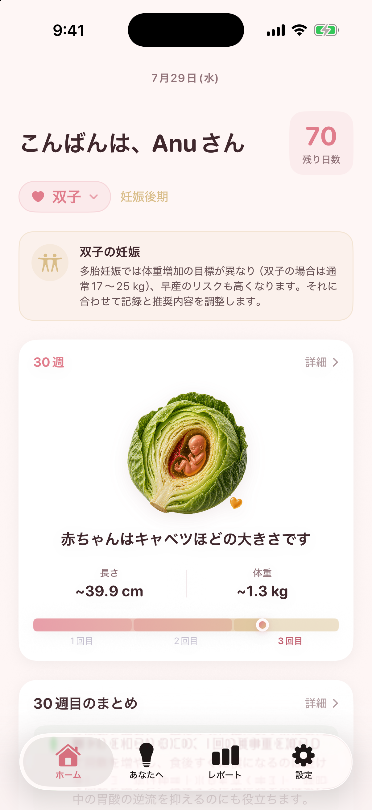 日本語で表示されたNestoryの妊娠ホーム画面